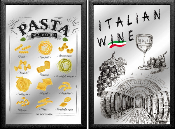 Set: 2 Spiegelbilder Italian Food Pasta Wine Deko 20x30 cm Hinterglasdruck mit schwarzem Rahmen