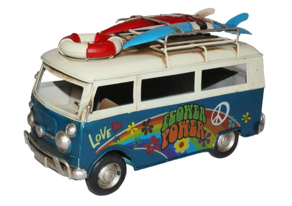 Blechauto Deko Nostalgie Modellauto Oldtimer Surfer Hippie Bulli in blau L 26 cm aus Blech