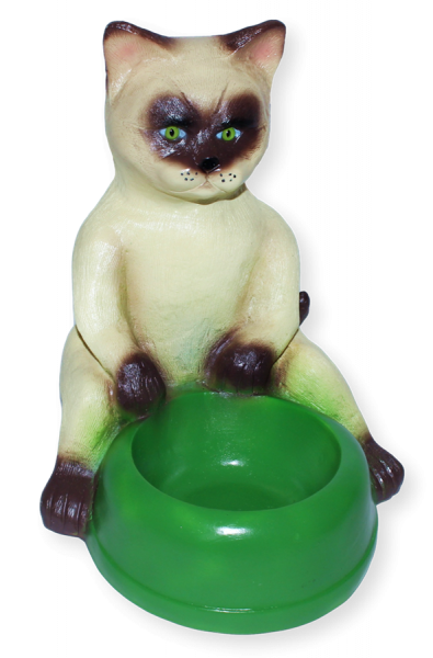 Deko Figur Dekofigur Tierfigur Katze Siamkatze mit grünem Fressnapf Trinknapf aus Kunststoff H 29 cm