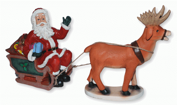 Figur Weihnachtsmann H 40 cm auf Schlitten mit Rentier H 40 cm Dekofiguren aus Kunstharz