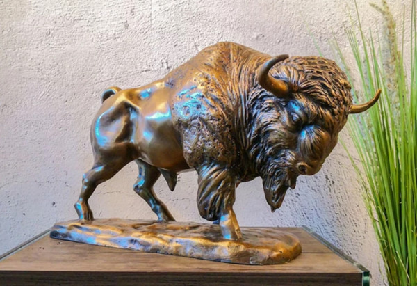 Bronzefigur Bronzeskulptur Tierfigur Bison aus Bronze auf Bronzesockel H 30 cm Deko Figur Skulptur