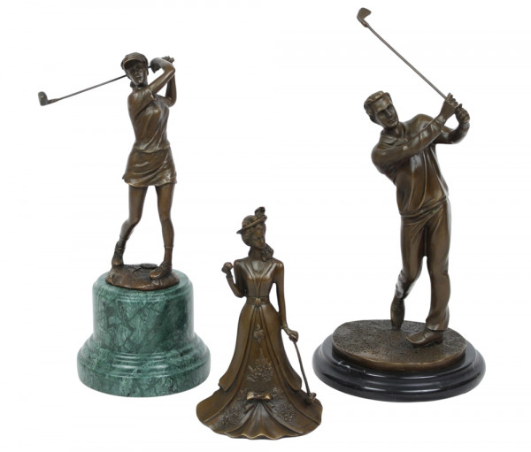 3er Set Bronzefiguren Golfer & Golferin Bronzeskulpturen 17–32,5 cm Stilvolle Golf-Dekoration