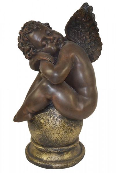 Deko Figur Engel schlafend auf Kugel - Höhe 60 cm - Dekofigur aus Resin in Braun, Gold