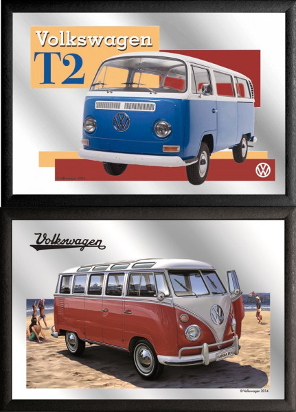 Set: 2 Spiegelbilder VW Bulli Oldtimer 30x20 cm Wandbilder Hinterglasdruck mit Rahmen