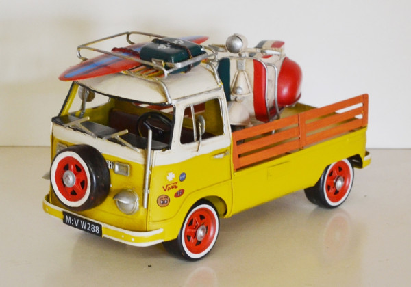 Blechauto Nostalgie Modellauto Urlaubs Camping Bulli in gelb Oldtimer L 26 cm Modellbus aus Blech