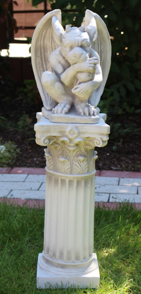 Beton Figur Skulptur Drache Gargoyle auf korinthischer Säule H 74 cm Dekofigur Statue Gartenskulptur