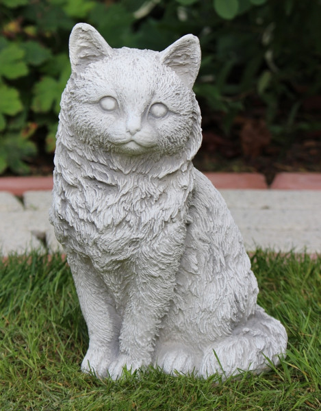 Beton Figur Katze gerade sitzend H 26 cm Dekofigur und Gartenfigur hell patiniert