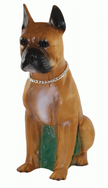 Deko Garten Figur Gartenfigur Tierfigur Boxer mit Kette Hund klein sitzend aus Kunststoff Höhe 40 cm