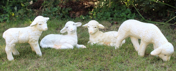Dekofiguren Tierfiguren 4 Lämmer H 18-26 cm junge Schafe als 4-er Satz Gartenfiguren aus Kunstharz