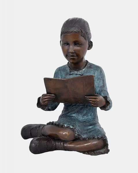 Bronzefigur Bronzeskulptur Bronze Mädchen mit Buch H 33 cm Deko Figur Bunte Skulptur