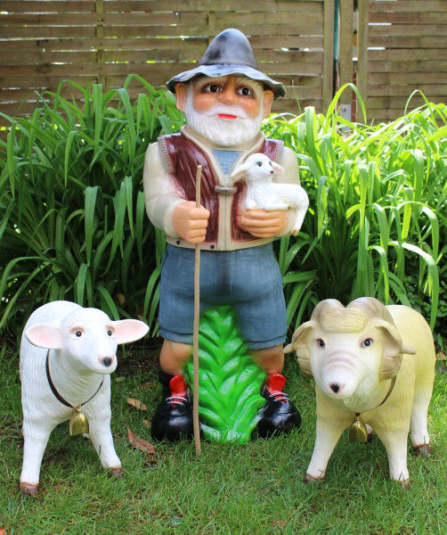 Deko Garten Figur Dekofigur Gartenfigur Hirte Schäfer mit Schafbock und Schaf aus Kunststoff