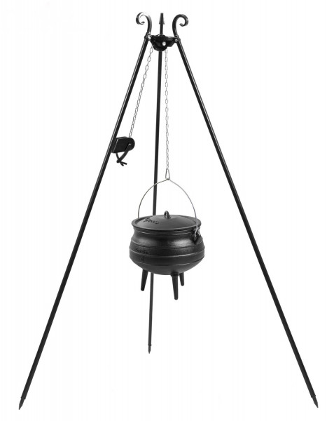 Gusseisenkessel 9 L mit Dreibein Gestell mit Kurbel H 180 cm Gulaschtopf zum Kochen "African Pot"