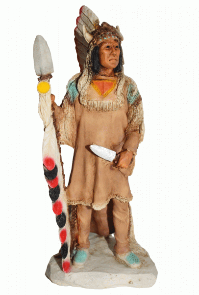 Indianerfigur Indianer Mato-tope Häuptling "Four Bears" Skulptur 19 cm stehend mit Messer u. Lanze