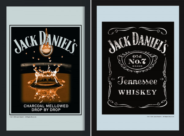 Set: 2 Spiegelbilder Jack Daniel's Whisky Tropfen & Emblem 20x30 cm Hinterglasdruck mit Rahmen