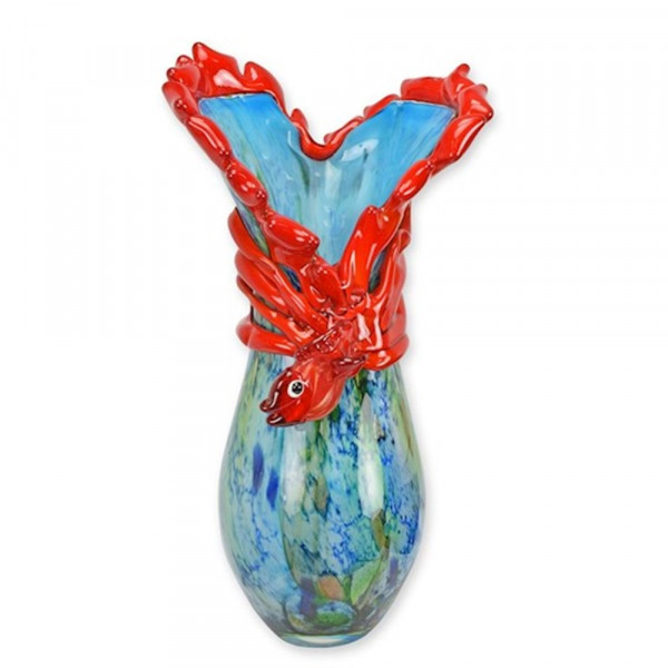 Murano Stil Glasvase mit Korallen- und Fischdekor – Höhe 50 cm Dekovase blau, rot Glasvase