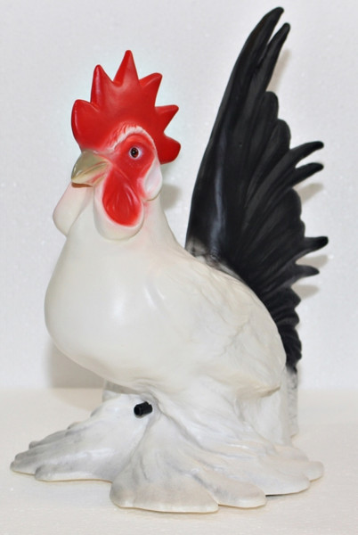Deko Figur Hahn weiß-schwarz H 30 cm Hahnfigur Gartenfigur mit Scherz Bewegungsmelder Kikeriki