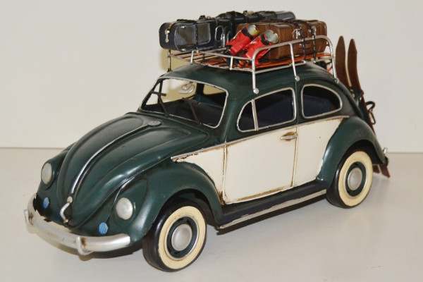 Blechauto Nostalgie Modellauto Oldtimer VW Käfer Modell 1950er Jahre mit Dachgepäck aus Blech L 35cm