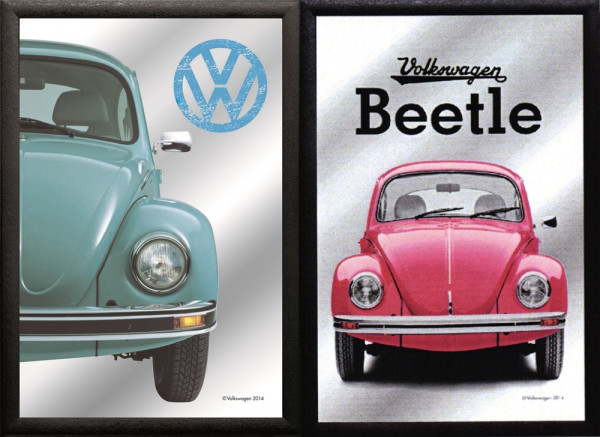 Set: 2 Spiegelbilder VW Käfer blau und rot Oldtimer 20x30 cm Wandbilder Hinterglasdruck mit Rahmen