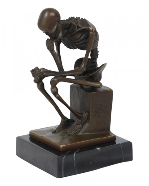 Bronzefigur Bronzeskulptur Der Denker Skelett aus Bronze auf Sockel H 15 cm Deko Figur