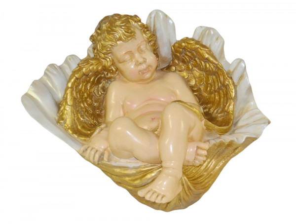 Deko Figur Engel in Muschel schlafend - Breite 44 cm - Dekofigur aus Resin in weiß, gold